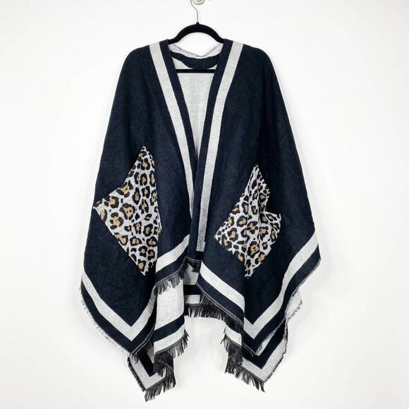 2/$30 NEW Boho Cheetah Ruana Oversized Open Wrap Poncho Blanket Scarf - Picture 3 of 14